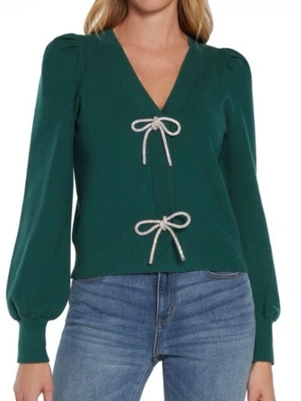 EXPRESS V-Neck Embellished Bow Cardigan - June Bug Women’s Size Large MSRP $108